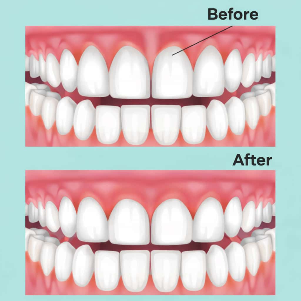 Illustration showing before and after images of teeth alignment improvement.