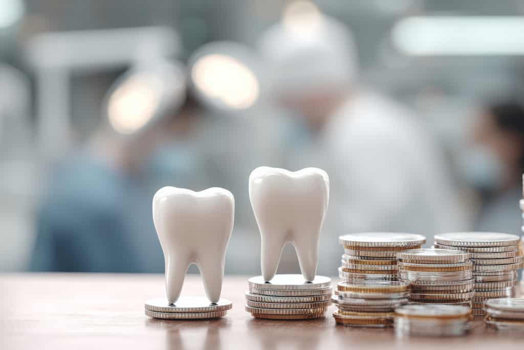 Two tooth models on stacks of coins with blurred dentists in the background.