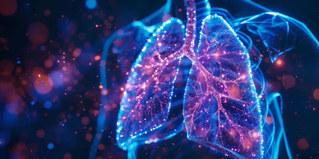 Abstract digital illustration of glowing human lungs in vibrant blue and pink colors.