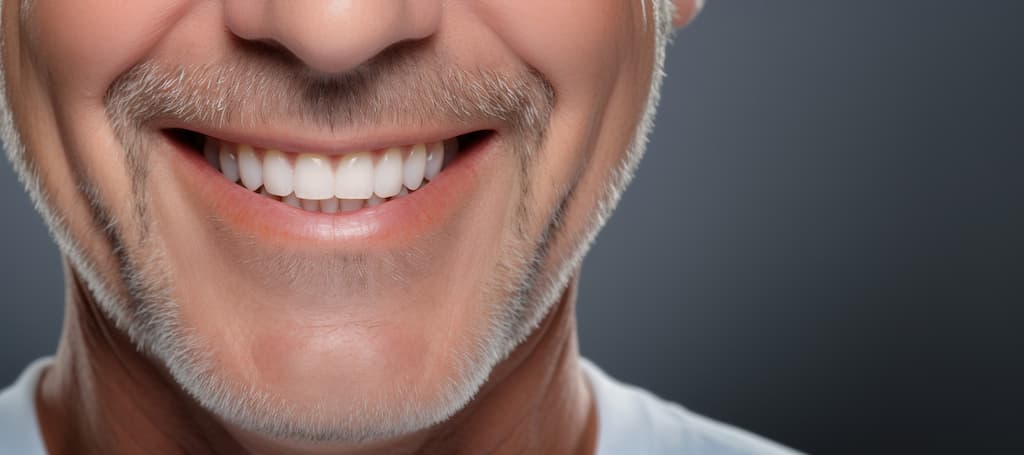 Close-up of a smiling man with facial hair, showing teeth.