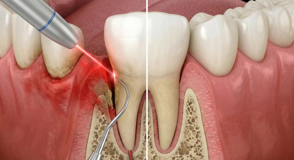 Laser Gum Treatment Before and After Comparison Dental gum treatment comparison with laser cleaning on the left and healthy gums on the right.
