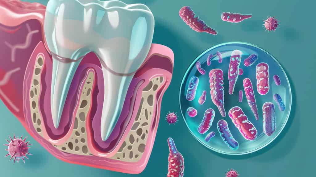 Illustration of a tooth cross-section and bacteria in a petri dish.