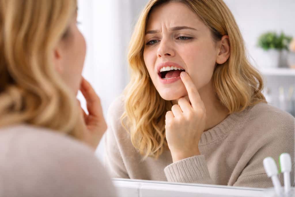 A woman examines her teeth in a bathroom mirror, appearing concerned.