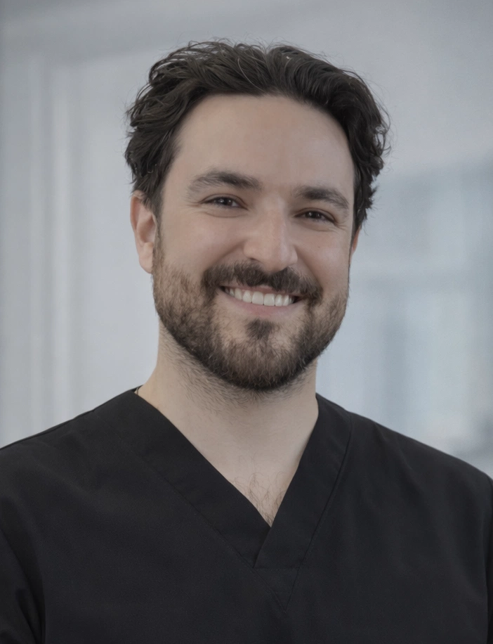 Smiling man with a beard wearing a black V-neck shirt.